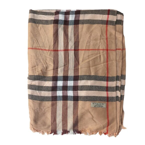Vintage Burberry Classic Tan Black Red 100% Cashmere Shawl Scarves Wraps - Picture 1 of 6